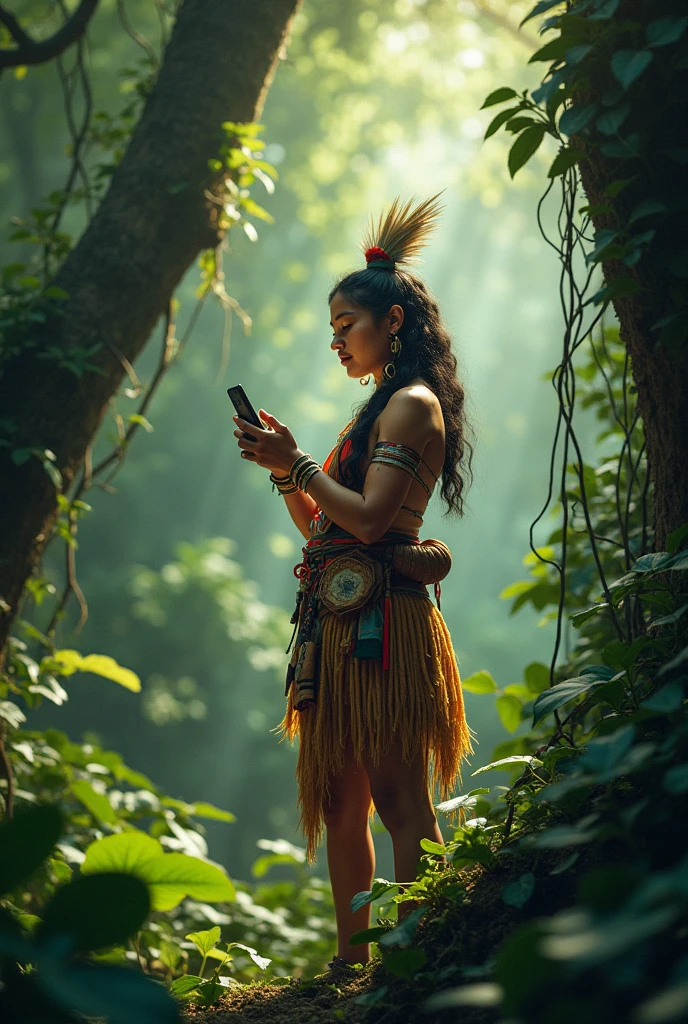 create an indigenous person in a forest using a cell phone