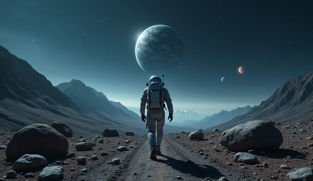 A handheld shot from behind of a man wearing a futuristic spacesuit walking on a valley on a distant planet with hills on left and right side of the scene. Floating rocks scattered around levitating above ground. It's night time and the sky is pitch black full of stars and planets. Inspired from IMAX FILMS. Realistic, hyperrealism, high resolution, extreme quality, volumetric lighting, high resolution, 4k hdr