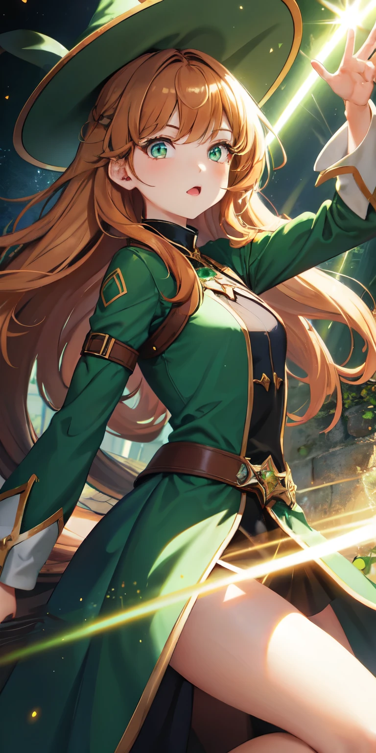 1 girl, chestnut hair, greeneyes, wind witch, bloodstains, Green light particles, green light rays, wall-paper, hight contrast, colorfully,