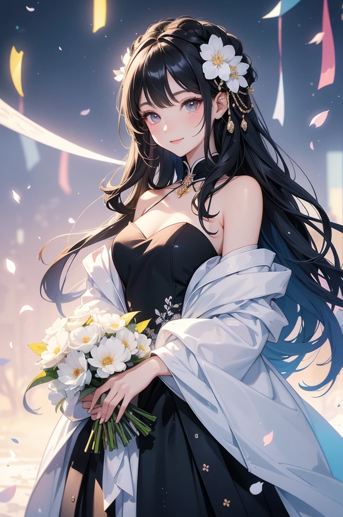 Create images based on super detailed prompts。1People drawn in anime style、Beautifully detailed illustrations。shiny black long hair,It stands out with its unique color palette and personality.。She smiles brightly and holds a colorful bouquet。With deep black eyes、She wears floral accessories to match her elegant dress.。The dress features black and white details。The background is bright、Soft pastel colored confetti falling、It creates a festive atmosphere。The overall aesthetic is bright、Cheerful、Dreamy and、The focus is on color harmony and the cute expressions of the characters.。