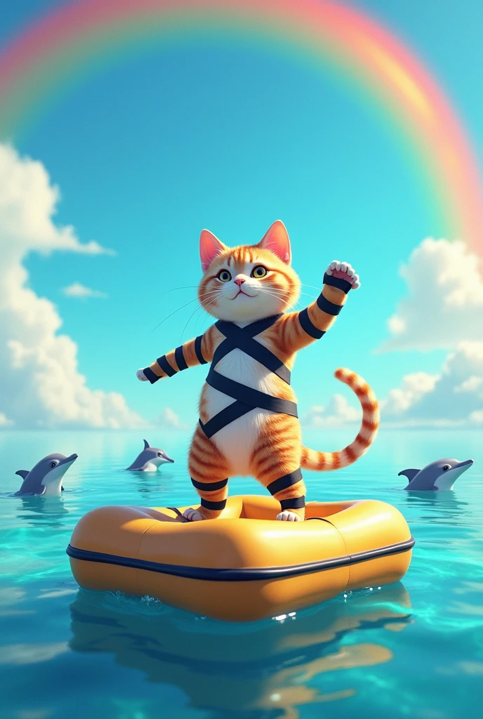 Square rubber boat on the sea。A cute cat is standing and dancing。
hand、feet、Black tape wrapped around the body。
The sky is blue and there is a rainbow。
Dolphins peering out of the water。