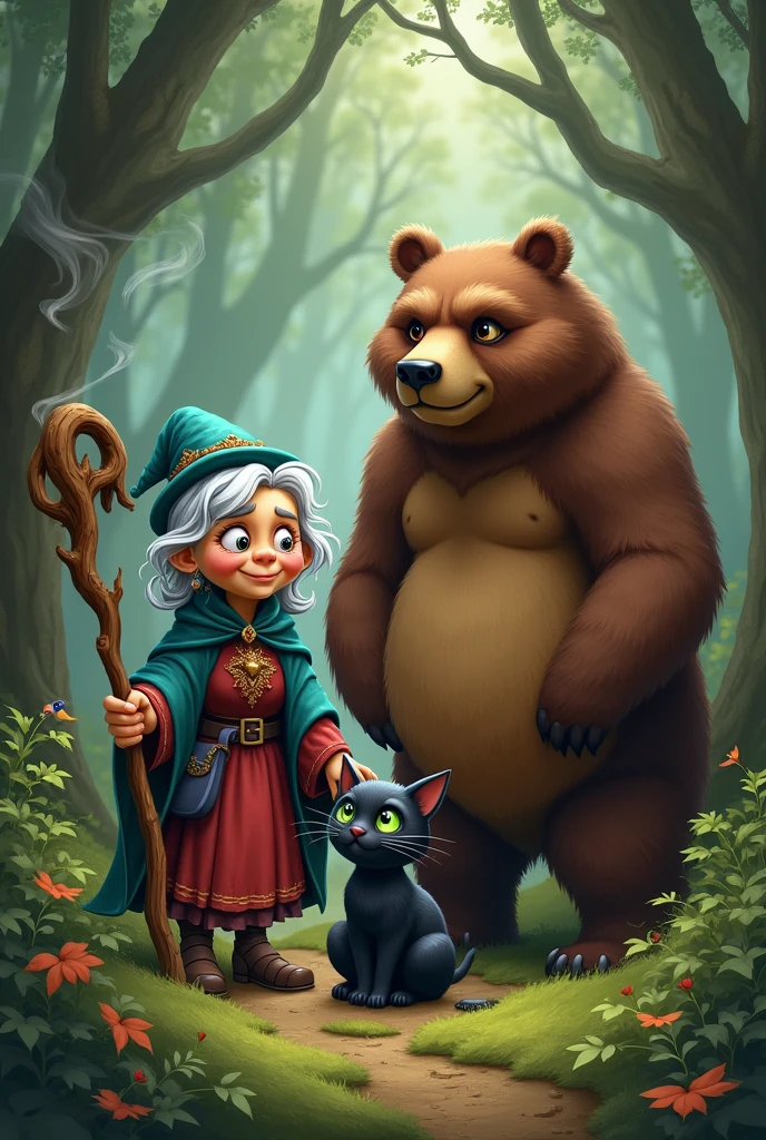 3 characters: Friendly old witch with meek black cat and mean brown bear.