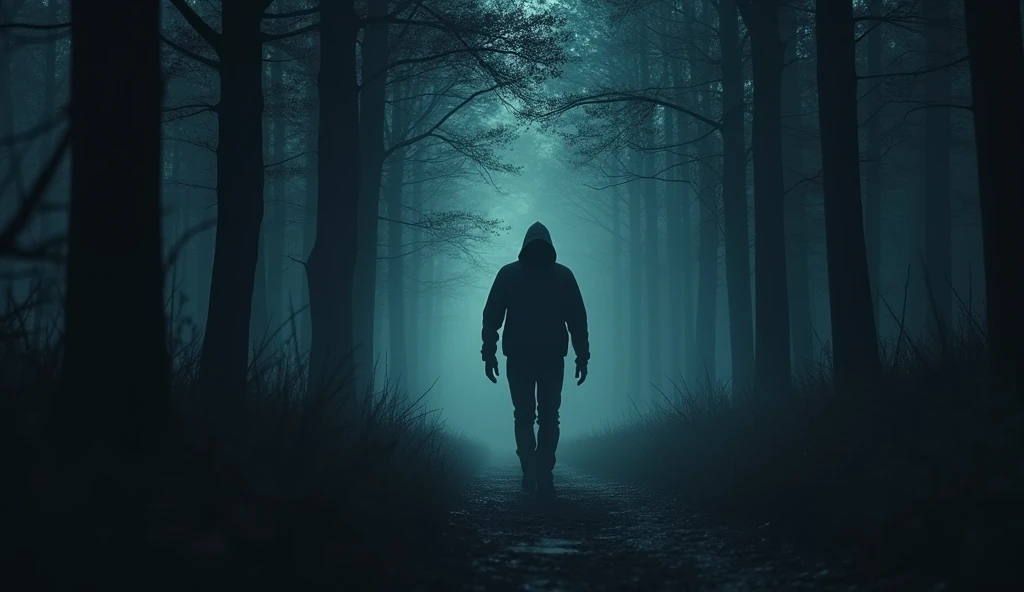 A man walking but a horror creepy thing is walking behind him, in late night the place is full dark with a lot of trees and silence, a little amount of light is coming from the back side. 