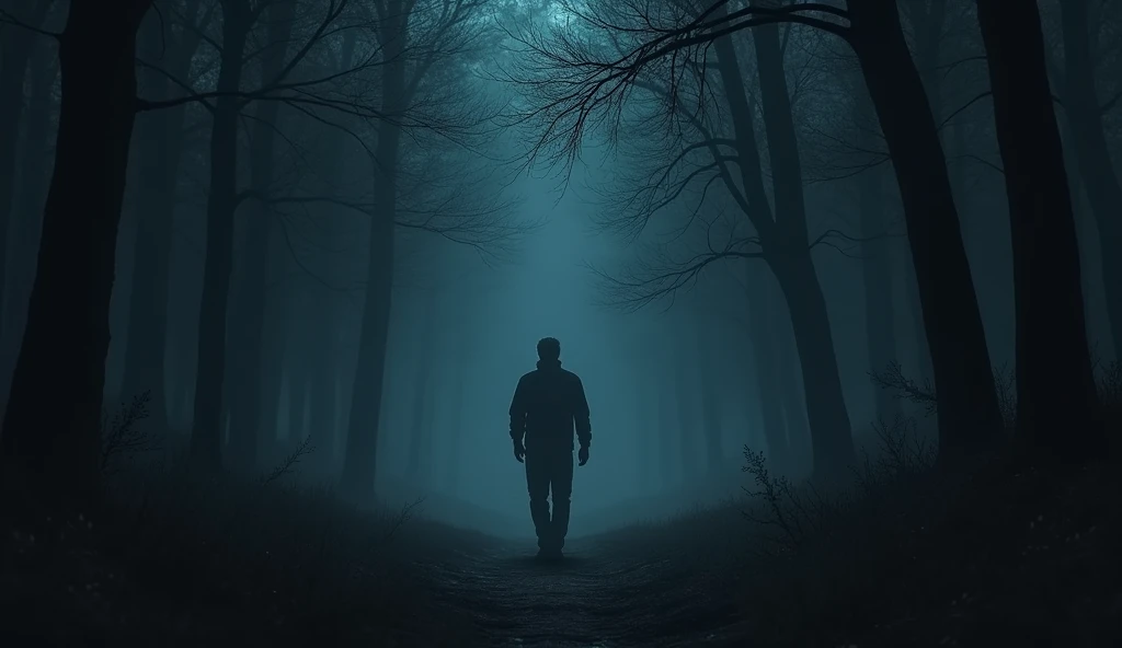 A man walking but a horror creepy thing is walking behind him, in late night the place is full dark with a lot of trees and silence, a little amount of light is coming from the back side.