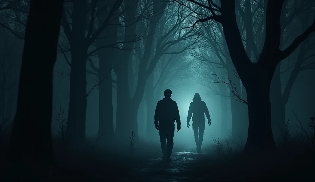 A man walking but a horror creepy thing is walking behind him, in late night the place is full dark with a lot of trees and silence, a little amount of light is coming from the back side. 