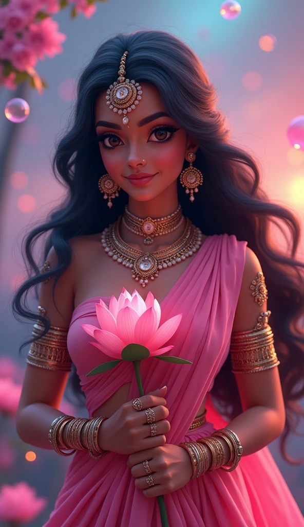 (absurderes, A high resolution, Ultra detailed, hdr), Masterpiece, Best quality, closeup portrait of Indian Goddess Lakshmi in an animated style, draped in a stunning (((pink))) saree, her long black wavy hair flowing untied. She wears intricate head jewellery, a dazzling necklace, earrings, armlets, bangles, and rings. With bright big black eyes and a pleasant expression, she holds a blooming lotus flower. The scene is set with vibrant colors, dreamy northern lights, and soft lighting, with pink bubbles surrounding her in a romantic, vintage aesthetic. A Curvy busty figure with deep V-neck blouse cleavage.