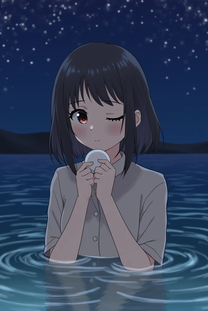 One beautiful girl,Highest quality,masterpiece,detailed,night,One beautiful girl,Shadows reflected on the water,The sound of rolling waves,In a place where time has been forgotten,Quietly close your eyes,Close up of face,Face forward,Eat rice balls