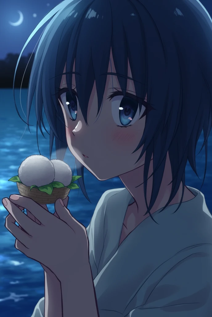 One beautiful girl,Highest quality,masterpiece,detailed,night,One beautiful girl,Shadows reflected on the water,The sound of rolling waves,In a place where time has been forgotten,Quietly close your eyes,Close up of face,Face forward,Eat rice balls
