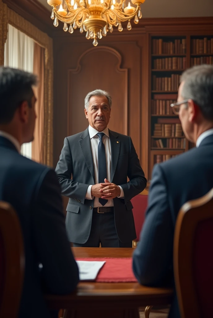   Jose Gregorio Paz Soldán talking with politicians in an elegant room, discussing legal reforms.