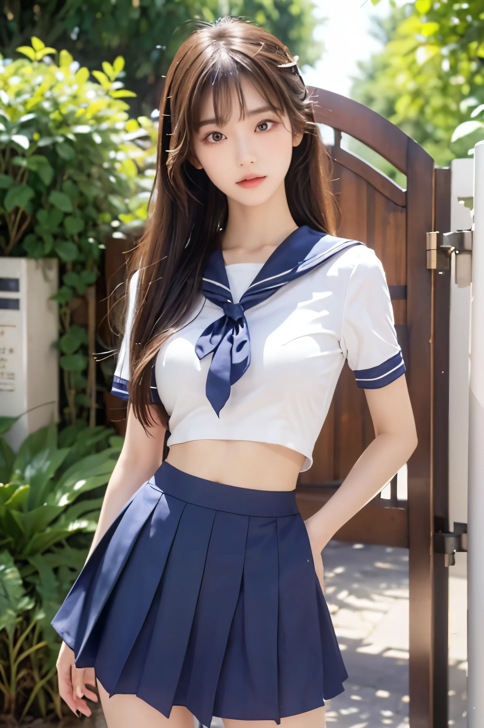 (Ultra HD), (Looking at me), (The whole body is shown), (Short-sleeved sailor uniform, Navy blue mini skirt), Big Breasts, slender, Narrow waist, (I can see my belly button:0.8), (Thin legs:1.2), (Thin thighs:1.2), (Thin Hips:1.4), (Beautiful Skin, Shiny skin, White skin), (Super slim face, Super beautiful face, No makeup), (ponytail, Layered Cut, Fluffy hair), (double eyelid, Slanted Eyes), Small Nose, Thin lips, Are standing, In front of the school gate