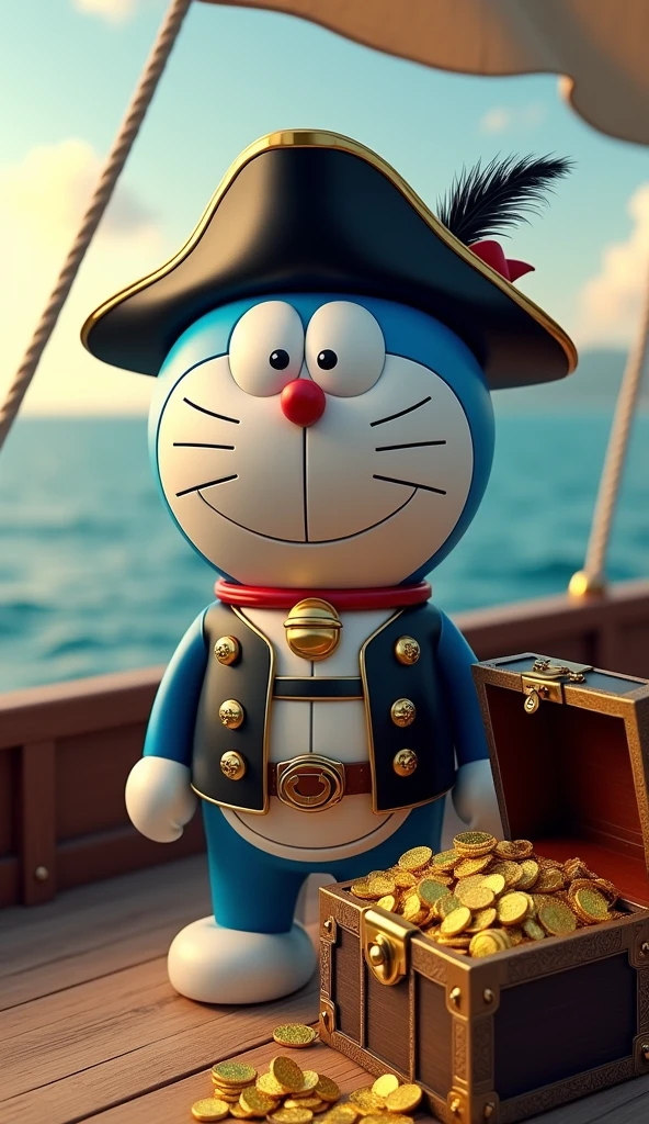 Doraemon pirate costume black hat blue suit , standing next to the treasure chest of gold and jade on the boat in the middle of the sea 