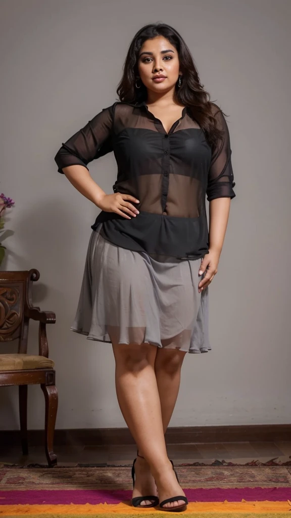 Day scene, A radiant, full-figured South Indian 35 year old aunty a gray colour chiffon mini skirt and black chiffon shirt, standing, in a living room, captured in a full-body image with vibrant hues and meticulous details. Full body image