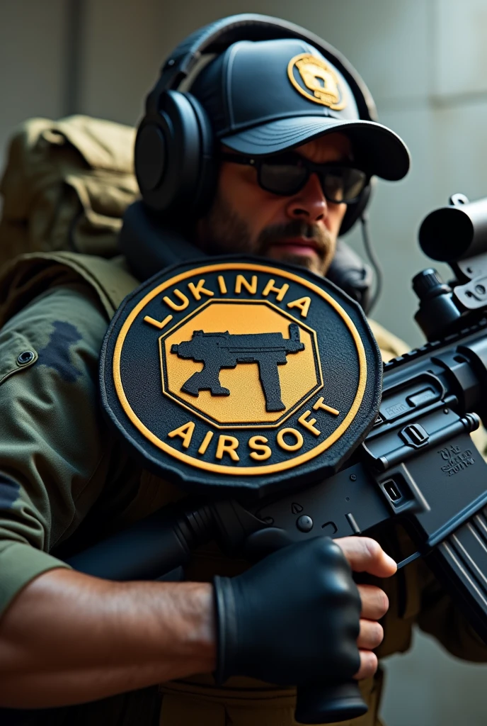 Create Cliché, Rubber patch, hexagonal coat of arms shield with name Lukinha Airsoft, operator therefore an m4 rifle with a cap and headphones