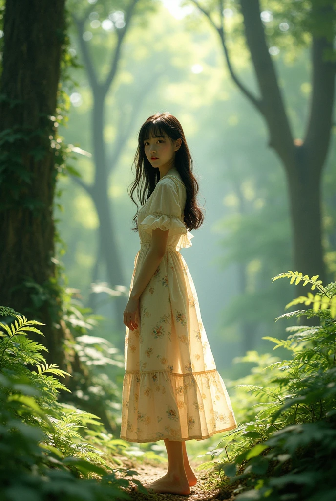 Beautiful japanese girl wearing 90s frock standing in a forest