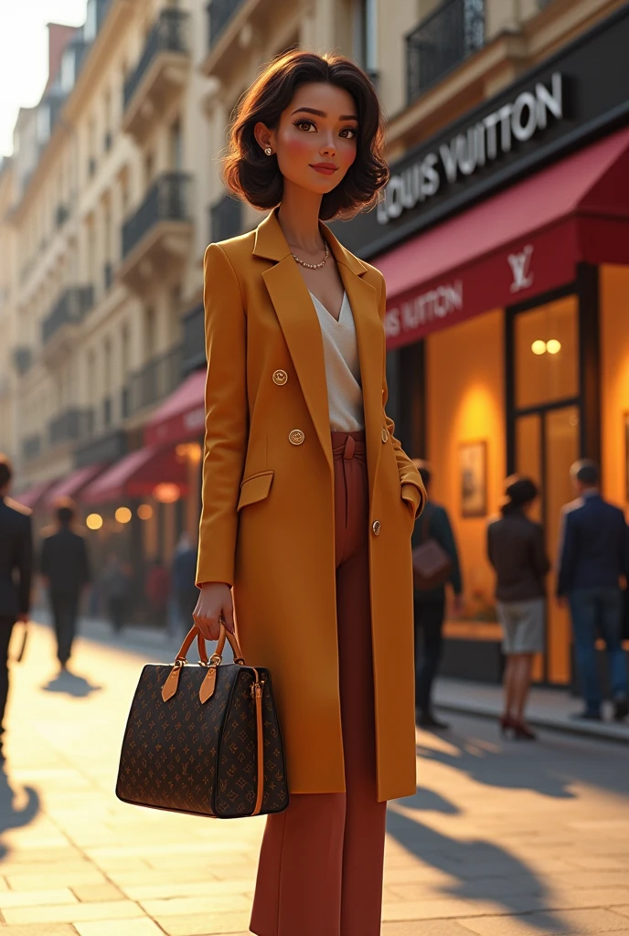 Woman in front of Louis Vuitton store, elegant with her bag, disney pixar style