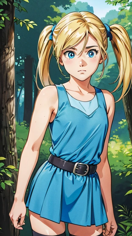 (Teens:1girl: bubbles), (extremely detailed CG unit 8k wallpaper),(master part), (best quality), (ultra detail), (best illustration),(GHIBLI_Background), cowboy shot, (Sharp eyeliner, ombre, detailed eyes:1), forest, outdoor, ,break , (Tsukasa-Hojo-Style), upper body, blonde hair, blue eyes, short twintails, pigtails, dress, sky-blue sleeveless dress, black belt, white thighhighs