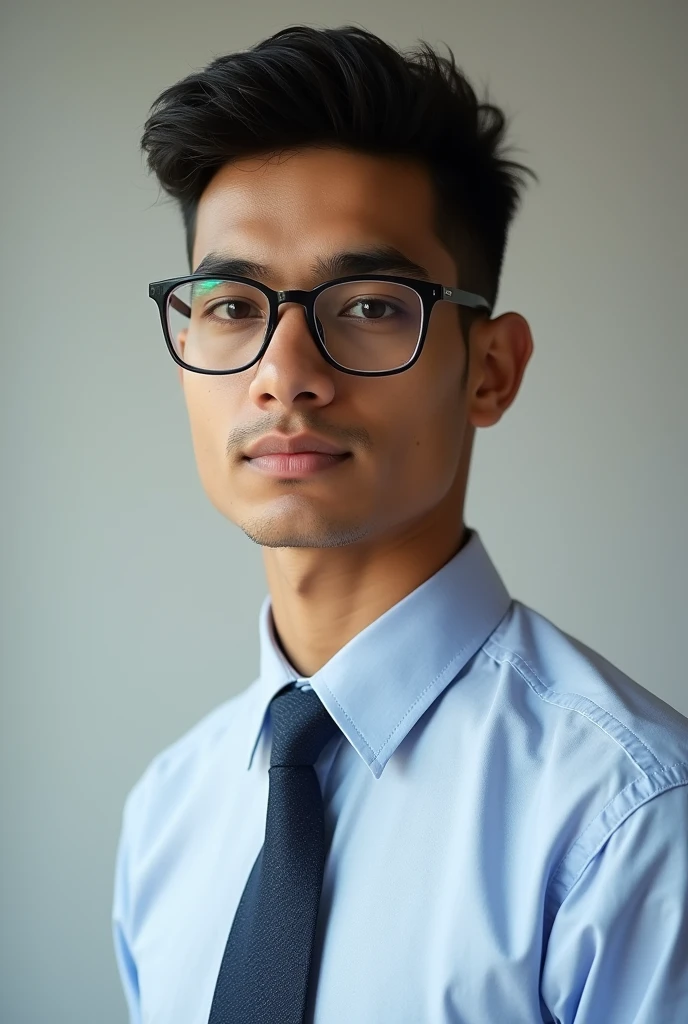 18 year old indian boy With fair skin Wearing spectacles and narrow body Posing for a linkedin picture in formals
