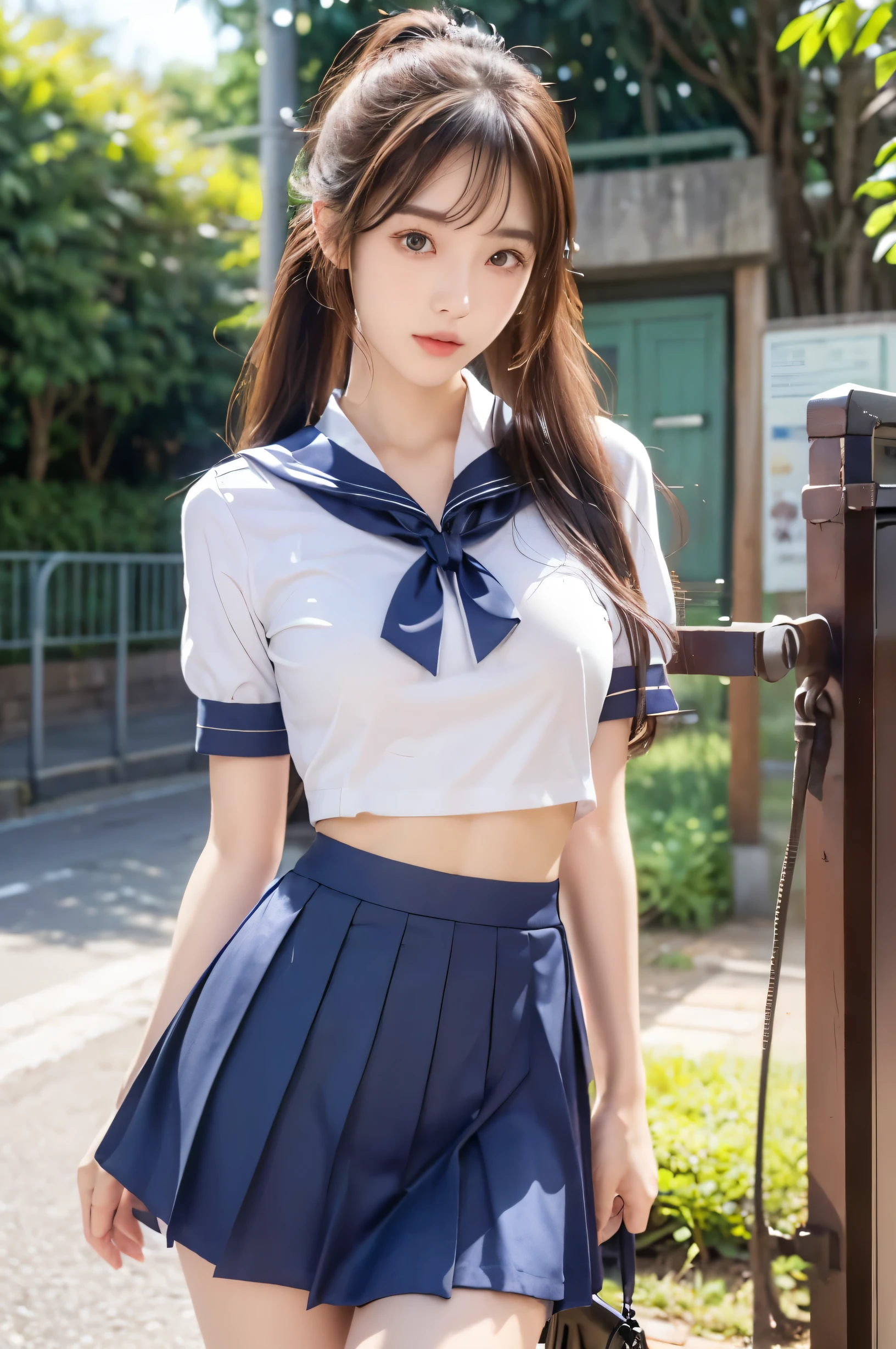 (Ultra HD), (Looking at me), (The whole body is shown), (Short-sleeved sailor uniform, Navy blue mini skirt), Big Breasts, slender, Narrow waist, (I can see my belly button:0.8), (Thin legs:1.2), (Thin thighs:1.2), (Thin Hips:1.4), (Beautiful Skin, Shiny skin, White skin), (Super slim face, Super beautiful face, No makeup), (ponytail, Layered Cut, Fluffy hair), (double eyelid, Slanted Eyes), Small Nose, Thin lips, Are standing, In front of the school gate