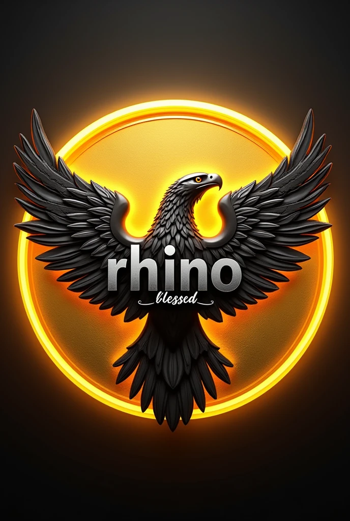 3D logo with name written "RHINO blessed" there is an eagle image behind the writing, round shape and writing or images do not go outside the circle to keep it neat, emboss effect, kung stainless steel, artistic elegance, glowing efek.auto focus, yellow highlighter logo color, background color BRIGHT