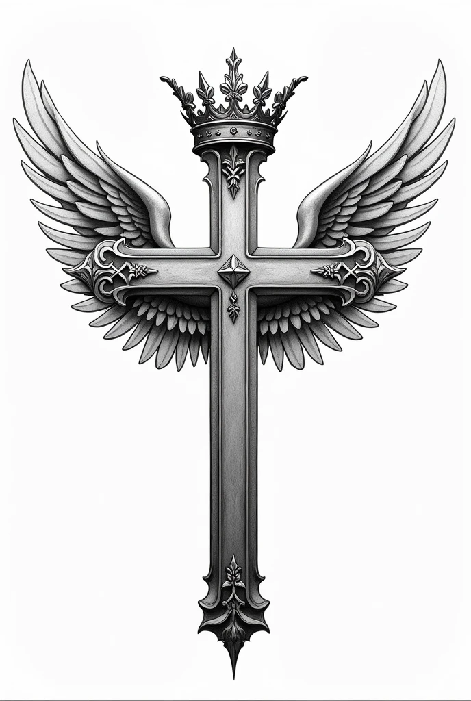 Cross with a crown and wings to tattoo on the abdomen