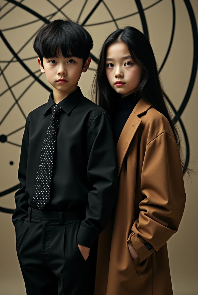 Un garçon avec une chemise noire et une cravate noire avec des petits points blancs cheveux longs et noire et une fille avec une chemise noire et un long manteau marron cheveux de couleur noir et l'on
Puis derrière en fond un atome