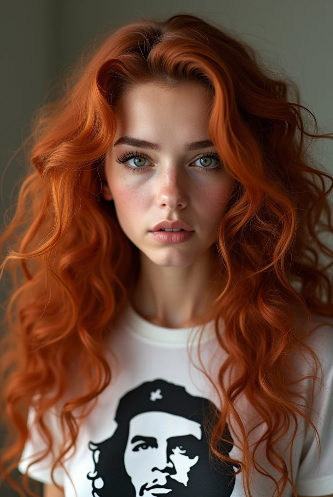 A white Brazilian woman with her hair dyed a natural dark copper red, very long and very curly, not voluminous, rosto angelical, chubby and oval face, very beautiful, eyes browns, small and round mouth, slightly large cheeks, round eyes, big eyelashes, small and cute nose, round chin, sculptural body, wears well-defined eyeliner and a Che Guevara shirt.