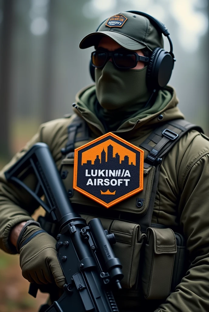 Create Cliché, Rubber patch, hexagonal coat of arms shield with name Lukinha Airsoft, operator therefore an m4 rifle with a cap and headphones 