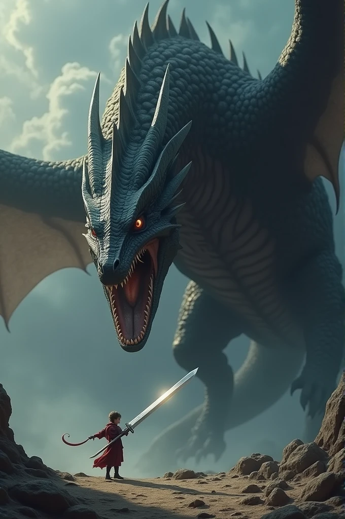 Imagine a very small person, perhaps a child or a tiny figure, holding a sword with both hands. Is standing, with a brave expression on his face, but the sword is big for its size, which highlights how small it is.In front of him, There is an imposing dragon, with dark scales and huge wings, His mouth is half open, showing sharp teeth.. The dragon is leaning towards the small figure, as if about to attack, but the tiny fighter does not back down. Around them, There could be a rocky landscape or a dark stormy sky, emphasizing the size difference and the great challenge facing the small figure.