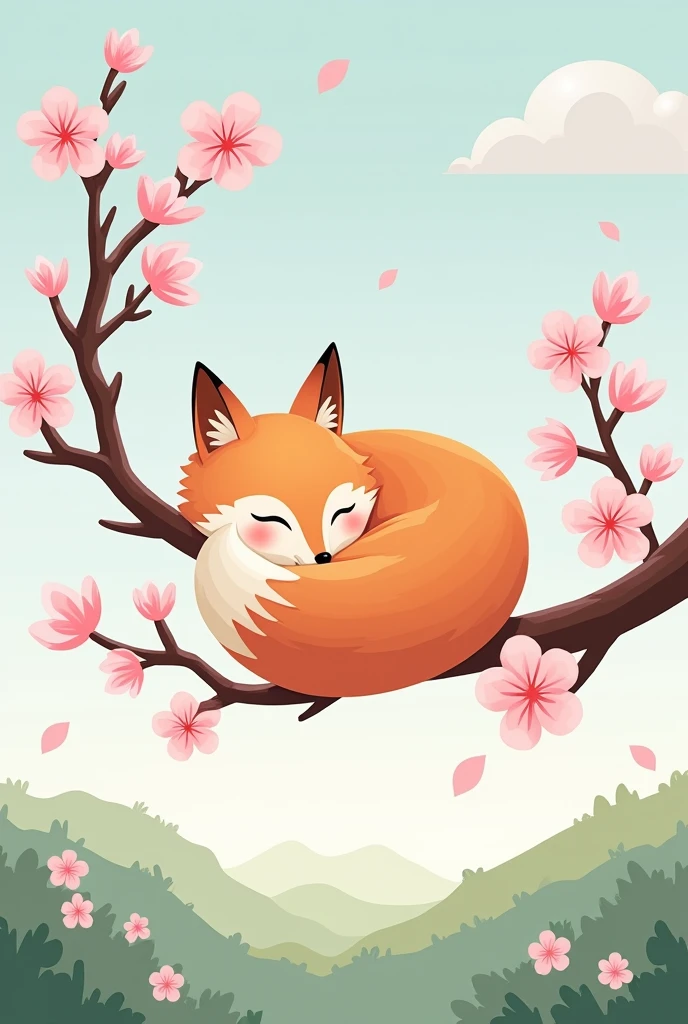 Fox sitting on a sakura tree but make it easy to draw on a canvas