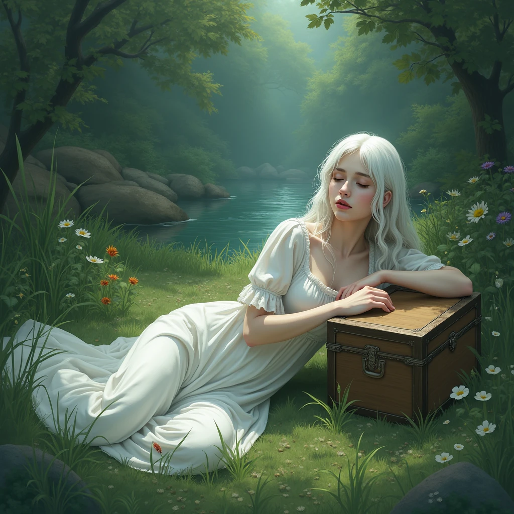 A woman with long white hair,she will wear a white cotton dress and wet,She will be lying on the grass of an enchanted garden and there will be a magical river near her.,I want a kind of secret garden vibe and it&#39;s kind of sad,I want the climate closed like an air of sadness,I want her holding a chest of secrets,She will have her eyes closed and a tear coming out of one of her eyes