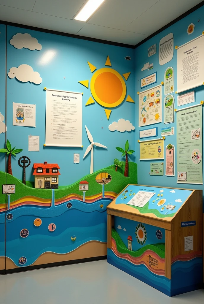 Create a decorated space for a school project on the topic of Renewable Energy