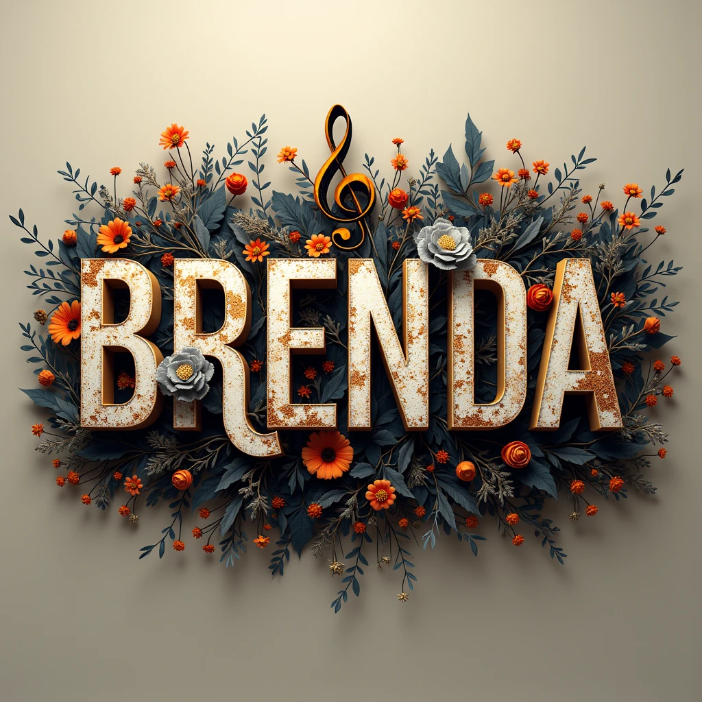 "BRENDA" text logo, correct text, capital text, artistic text, organized text, extreme detail, 4k, masterpiece artworks, abstract arts, musical theme background