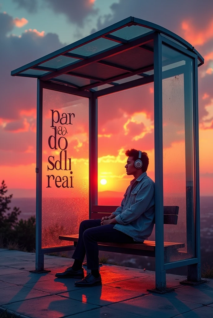 A music album cover written Por Do Sol in 60s font with A man with headphones sitting on a glass bus stop at sunset with a wide view
