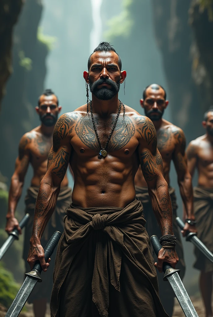 Ancient Thai soldiers have mustaches and fangs, take off their shirts, tattoo with sacred numbers, and hold dual swords.