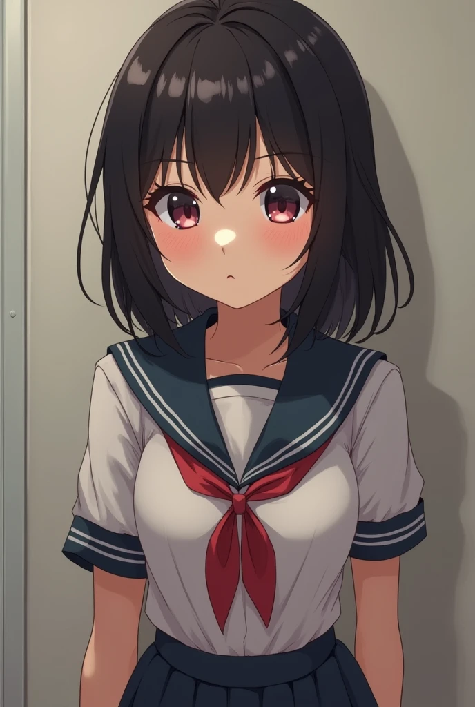  girl , with asian features, with schoolgirl uniform, showing breasts, huge breasts, and perverted face.