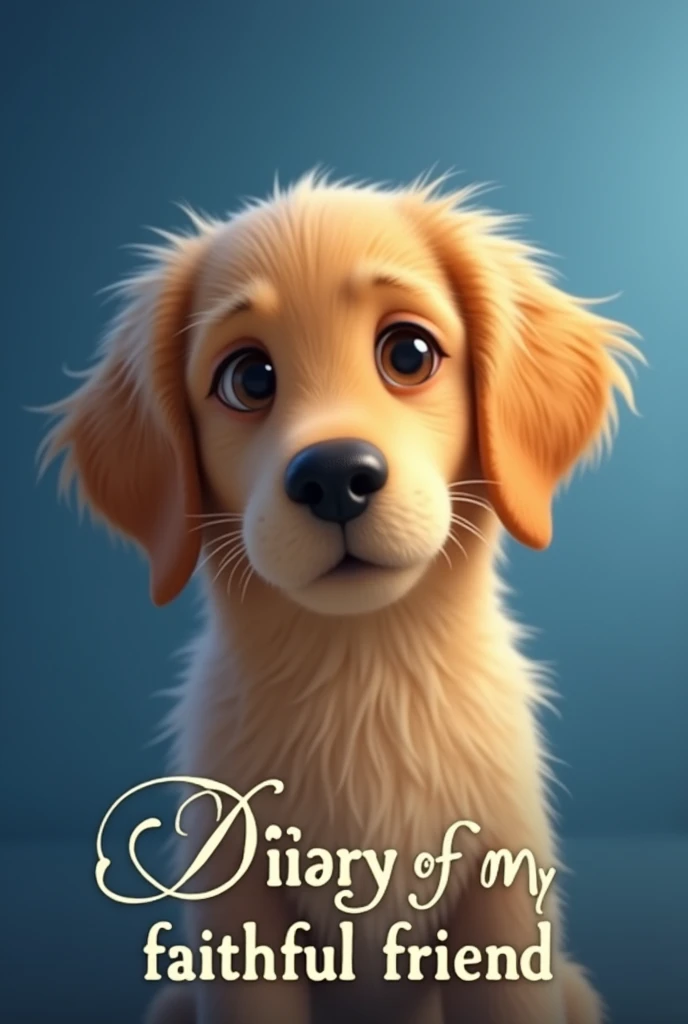 Animated image of cute golden retriever face with title in Spanish "The diary of my faithful friend" with elegant and stylish font and blue gradient background