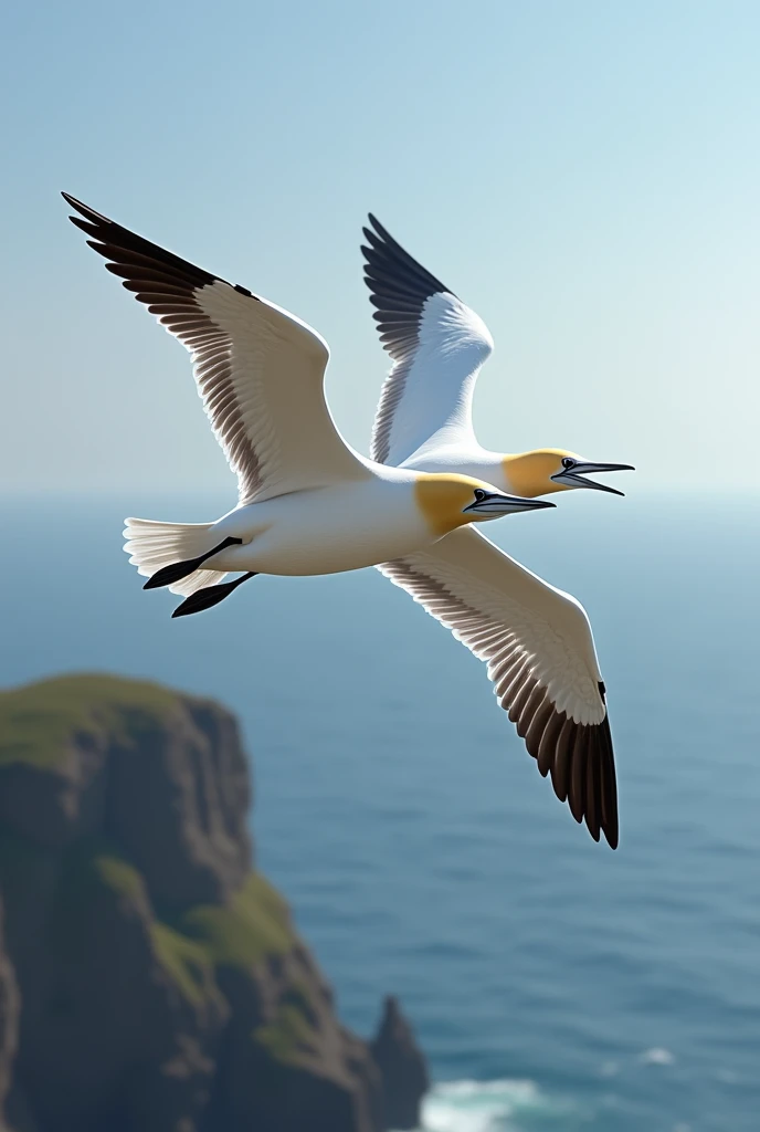 2 adult gannets flying together
