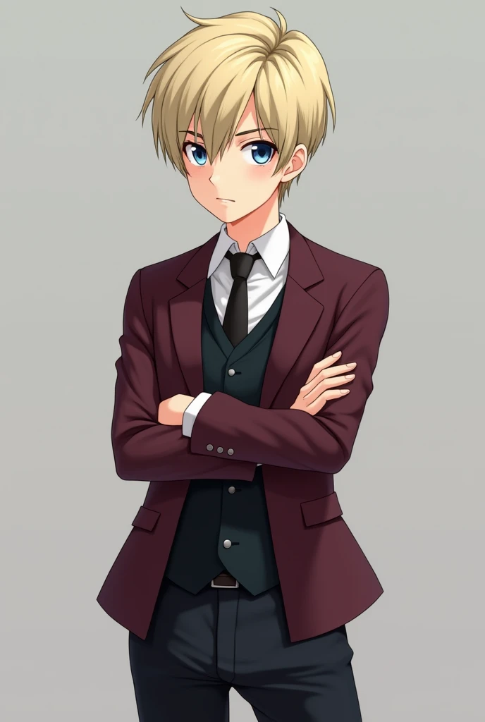 More mature anime style image. A gray background image. ager with arms crossed and a serious expression. His blond hair was neat, his eyes were dark blue. He was wearing school clothes, a white dress shirt, a black vest and a dark red blazer, and black pants.