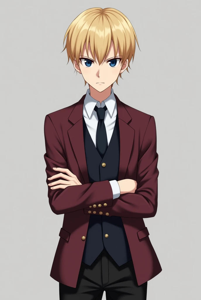 More mature anime style image. A gray background image. Teenager with arms crossed and a serious expression. His blond hair was neat, his eyes were dark blue. He was wearing school clothes, a white dress shirt, a black vest and a dark red blazer, and black pants.
