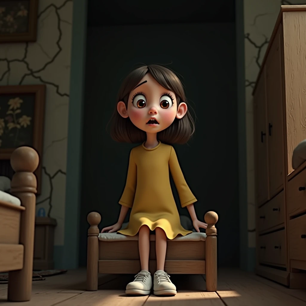 " Jamie, 9  and girl, with medium length hair, a scared face with wide brown eyes, wearing a yellow frock with short sleeves, knee-length, and white sneakers.. She is lying in bed in a dimly lit, dusty bedroom with old wooden furniture and cracked walls. The background shows shadows creeping along the walls, while Jamie sits upright, startled, looking toward the wall where faint whispers are coming from. The image is in 3D pixar style, 16:9 ratio."