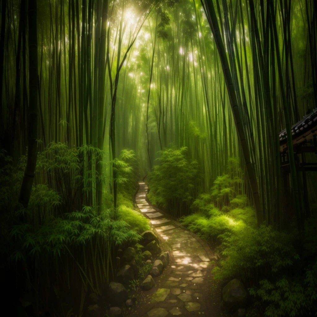 arafed path in a bamboo forest with a bench in the middle, peaceful lushious forest, japan lush forest, deep in a japanese bamboo forest, bamboo forest, a beautiful pathway in a forest, in a bamboo forest, walking in a bamboo forest, path into lush forest, lush forest, magical forest, misty japanese bamboo forest, walking through a lush forest