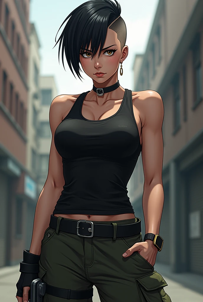 Serious tomboy style woman with shaved anime hair