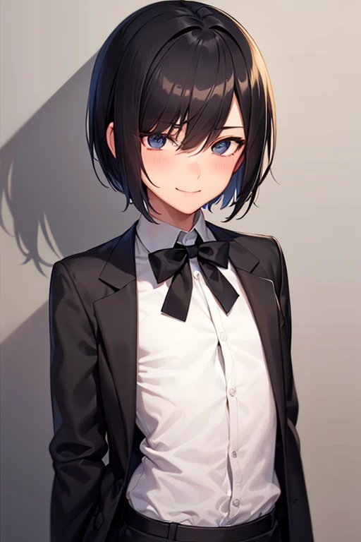 Highest quality, Androgynous male,Cute face,Flat Chest,Black Hair,Short Bob Cut,Classy jacket,Ribbon tie,White sleeved shirt,Smiling shyly, Blushing, Character portrait,