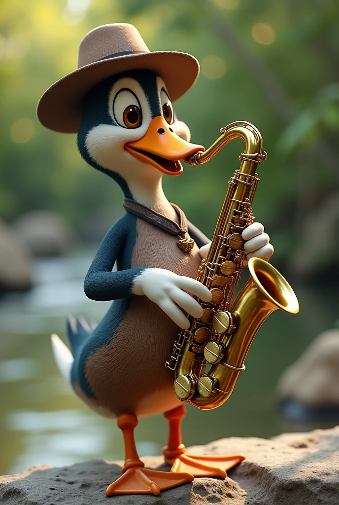Real-looking duck with an animated twist, with hat playing saxophone 
