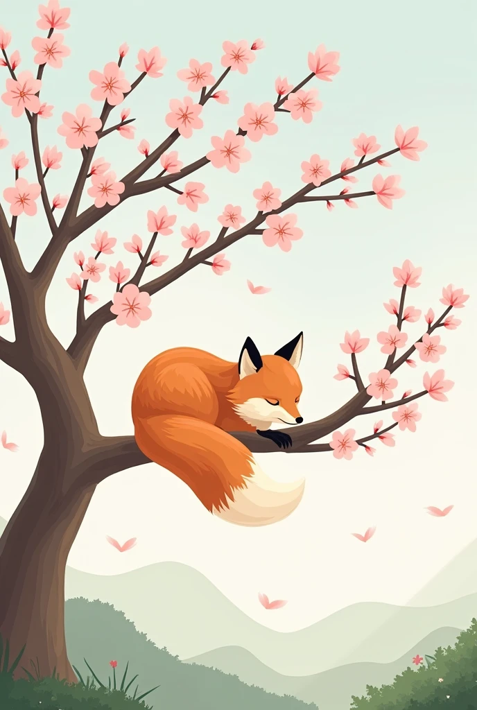 Fox sitting on a sakura tree but make it easy to draw on a canvas