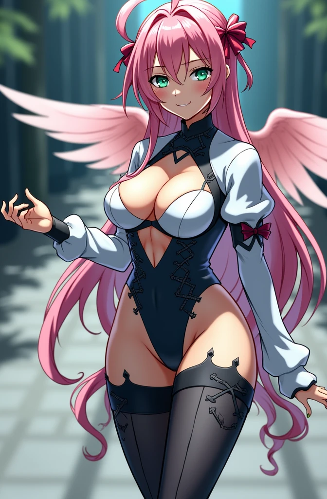 Her "variable" wings are very valuable and are highly desired by Synapse. She has long pink hair that is tightly connected with dark pink ribbons. She also has an "Ahoge". She has emerald eyes. Her hair also becomes more curly and messy and appears to the side on top of her head. Her measurements are Bust: 90 cm, Waist: 56 cm, Hip: 85 cm. She weighs 48 kilograms (105 lbs), is 1.62 m (5'3).
