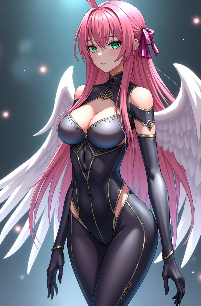 Her "variable" wings are very valuable and are highly desired by Synapse. She has long pink hair that is tightly connected with dark pink ribbons. She also has an "Ahoge". She has emerald eyes. Her hair also becomes more curly and messy and appears to the side on top of her head. Her measurements are Bust: 90 cm, Waist: 56 cm, Hip: 85 cm. She weighs 48 kilograms (105 lbs), is 1.62 m (5'3).