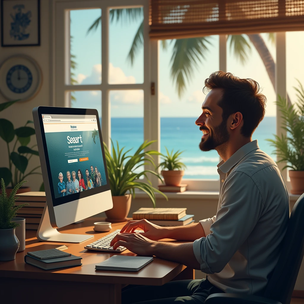 a man working on a computer at home, a happy moment, computer screen showing a website for SeaArt, a face full of joy, detailed portrait, highly detailed, realistic, photorealistic, cinematic lighting, warm color tones, cozy interior, window view of a calm ocean, potted plants, desk setup, comfortable chair, analog clock, stacks of books, natural sunlight, soft focus background