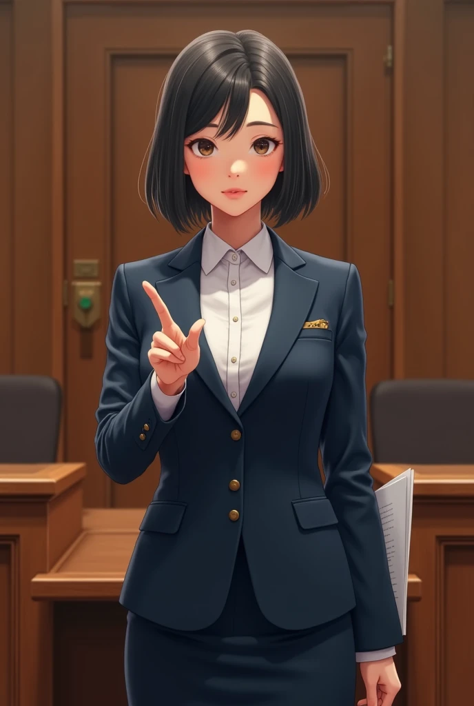 ((masterpiece, 4K)), Excellent anatomy, Nice face, (((masterpiece))), One Young Woman、18-year-old、Japanese Diet Members、National Assembly Building、stand on the witness stand、Open your mouth and speak、Hold the document in your right hand、Point forward with your left hand、Serious expression、 Wearing a dark blue business suit, White business blouse, Dark blue tight skirt、good, Cleavage, profile, Browsing Caution, upperbody, bust up,