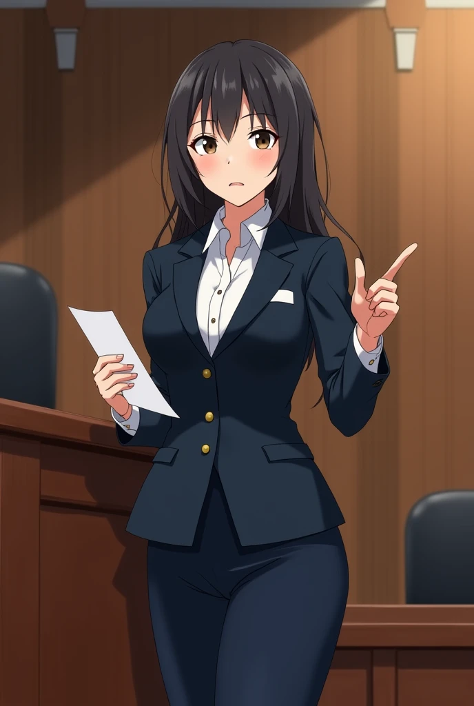 ((masterpiece, 4K)), Excellent anatomy, Nice face, (((masterpiece))), One Young Woman、18-year-old、Japanese Diet Members、National Assembly Building、stand on the witness stand、Open your mouth and speak、Hold the document in your right hand、Point forward with your left hand、Serious expression、 Wearing a dark blue business suit, White business blouse, Dark blue tight skirt、good, Cleavage, profile, Browsing Caution, upperbody, bust up,